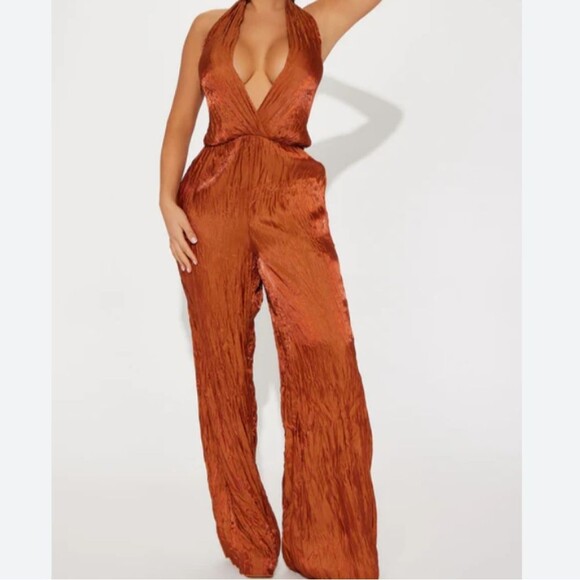 Fashion Nova Jumpsuit Seleste Satin Halter Backless Silky Soft Wide Leg Copper M - Picture 1 of 11
